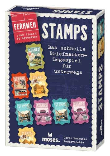 moses 90618 Fernweh Stamps, Briefmarken-Legespiel für unterwegs, Reisespiel mit schnellem Spieleinstieg für 2 bis 4 Spielende ab 8 Jahren, White von moses