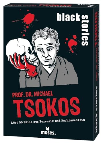 moses 90702 Black Stories Tsokos, 50 morbide Fälle aus Forensik und Rechtsmedizin, Krimi Kartenspiel mit Spielvariante und Punktechips, Rätselspiel für Jugendliche und Erwachsene, White von moses