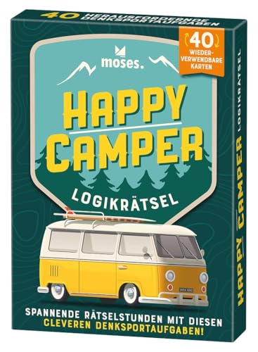 moses. Happy Camper, Logikrätsel mit Suchtfaktor für unterwegs, 40 Wiederverwendbare Karten mit Wegwischstift, Denksportaufgaben in 3 Schwierigkeitsstufen für Jugendliche und Erwachsene von moses