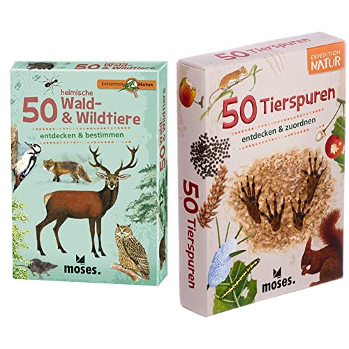 moses 9739 Expedition Natur - 50 heimische Wald und Wildtiere | Bestimmungskarten im Set | Mit spannenden Quizfragen & MOS09724 Expedition Natur 50 Tierspuren| Bestimmungskarten im Set von moses