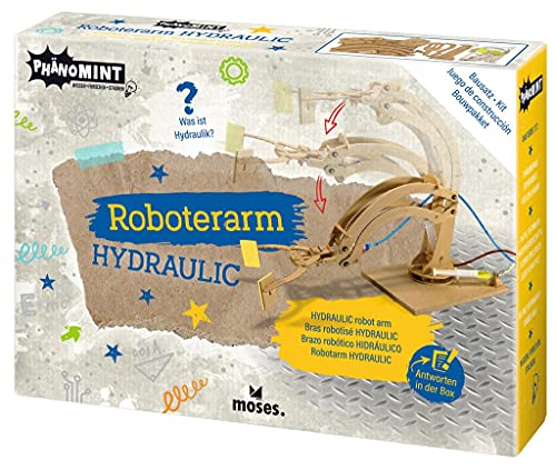 moses. 30328 PhänoMINT Roboterarm Hydraulic – Experimentierspielzeug für Kinder, Modellbausatz mit hydraulischem Greifarm, Zum selber Bauen für kleine Forscher, Holz, Mittel von moses