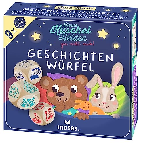 moses. 38177 Geschichtenwürfel Kuschelhelden, 9 süße Erzählwürfel für Kinder, kreatives Würfelspiel für Gute-Nacht-Geschichten mit extra großen Holzwürfeln, Kinderspiel für 1-6 Spieler ab 4 Jahren, Large von moses