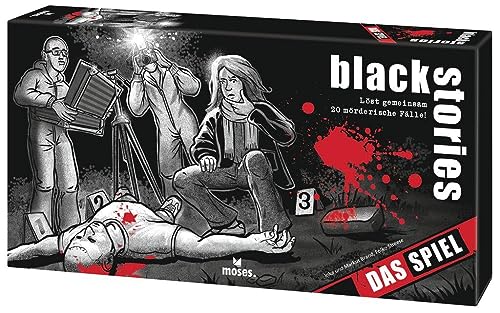 moses. 90083 Black Stories Das Spiel, offizielles Brettspiel zur Kult-Rätselreihe, Krimispiel mit 20 mörderischen Fällen, kooperatives Rätselspiel für 1-4 ab 12 Jahren, Schwierigkeit: Mittel von moses