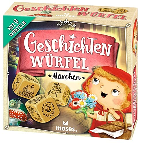 moses. 90147 Geschichtenwürfel Märchen, 9 märchenhafte Erzählwürfel für Kinder, kreatives Würfelspiel mit extra großen Holzwürfeln, Kinderspiel für 1-6 Spieler ab 6 Jahren von moses