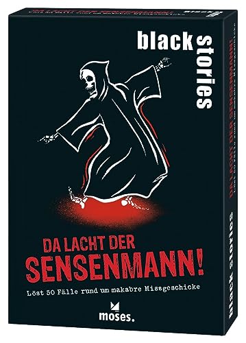 moses. Black Stories Da lacht der Sensenmann! - 50 Rätsel mit Fällen rund um makabre Missgeschicke, Krimi Kartenspiel mit Spielvariante und Punktechips, Rätselspiel für Jugendliche und Erwachsene von moses