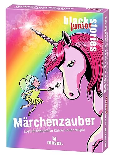 moses 90096 Black Stories junior Märchenzauber-50 fabelhafte Märchen voller Magie Einhorn Rätsel Kartenspiel mit Spielvariante und Punktechips, Rätselspiel für Kinder ab 8 Jahren, Yellow von moses