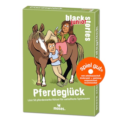 moses. Black Stories junior Pferdeglück - 50 pferdestarke Rätsel mit Geschichten vom Pony- und Reiterhof, Rätsel Kartenspiel mit Spielvariante und Punktechips, Rätselspiel für Kinder ab 8 Jahren von moses