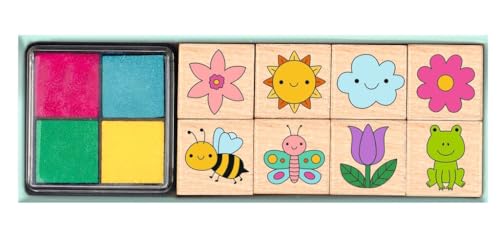 moses. Blumengarten Stempelset für Kinder – Blume, Biene, Schmetterling & Co., 8 Verschiedene Stempel aus Holz, Set mit Kinderstempeln und vierfarbigem Stempelkissen, In praktischem Geschenkkarton von moses