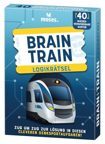 moses. Brain Train, Logikrätsel mit Suchtfaktor für unterwegs, 40 Wiederverwendbare Karten mit Wegwischstift, Denksportaufgaben in 3 Schwierigkeitsstufen für Jugendliche und Erwachsene von moses