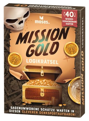 moses. Mission Gold, Logikrätsel mit Suchtfaktor für unterwegs, 40 Wiederverwendbare Karten mit Wegwischstift, Denksportaufgaben in 3 Schwierigkeitsstufen für Jugendliche und Erwachsene von moses