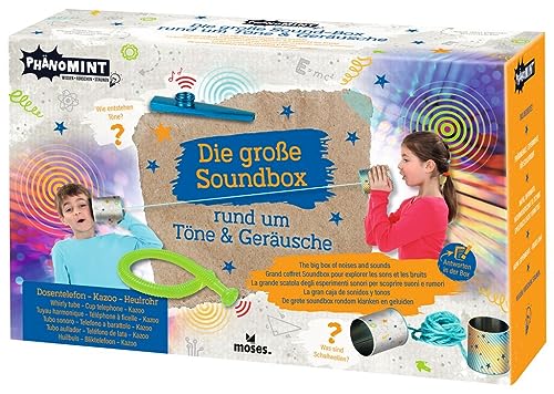 moses. PhänoMINT Die große Soundbox, Experimente-Set für Kinder mit Tönen und Geräuschen, Experimentier-Set mit 3 spannenden Akustik Spielzeugen, inkl. Dosentelefon Bausatz, Mittel von moses