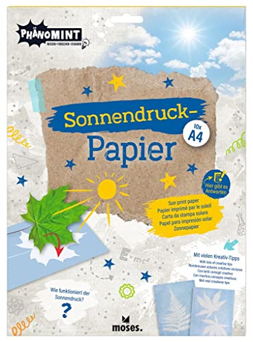 moses. PhänoMINT Sonnendruck-Papier A4, Experimentierspielzeug für Kinder, Bastelpapier zum Beobachten wissenschaftlicher Phänomene, 10 Papierblätter 21 x 29,7 cm zum Drucken verschiedener Objekte von moses