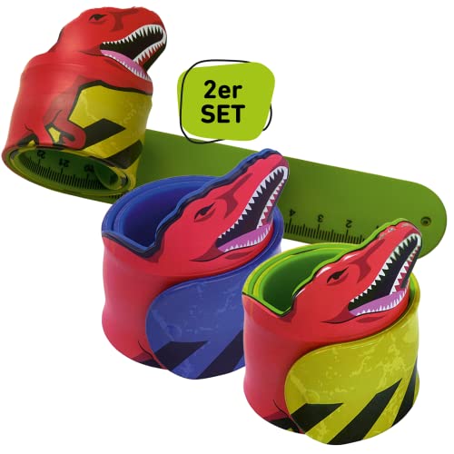 moses 70021 Schnapparmband für Kinder – T-Rex, 2er-Set Grün und Blau, Flexibles, 2in1 Dino Schnappband und 30cm Lineal von moses