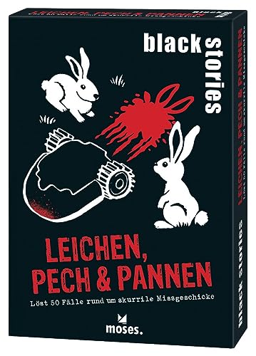 moses. black stories Leichen, Pech & Pannen - 50 Rätsel mit realen Fälle rund um skurrile Missgeschicke, Krimi Kartenspiel mit Spielvariante und Punktechips, Rätselspiel für Jugendliche und Erwachsene von moses