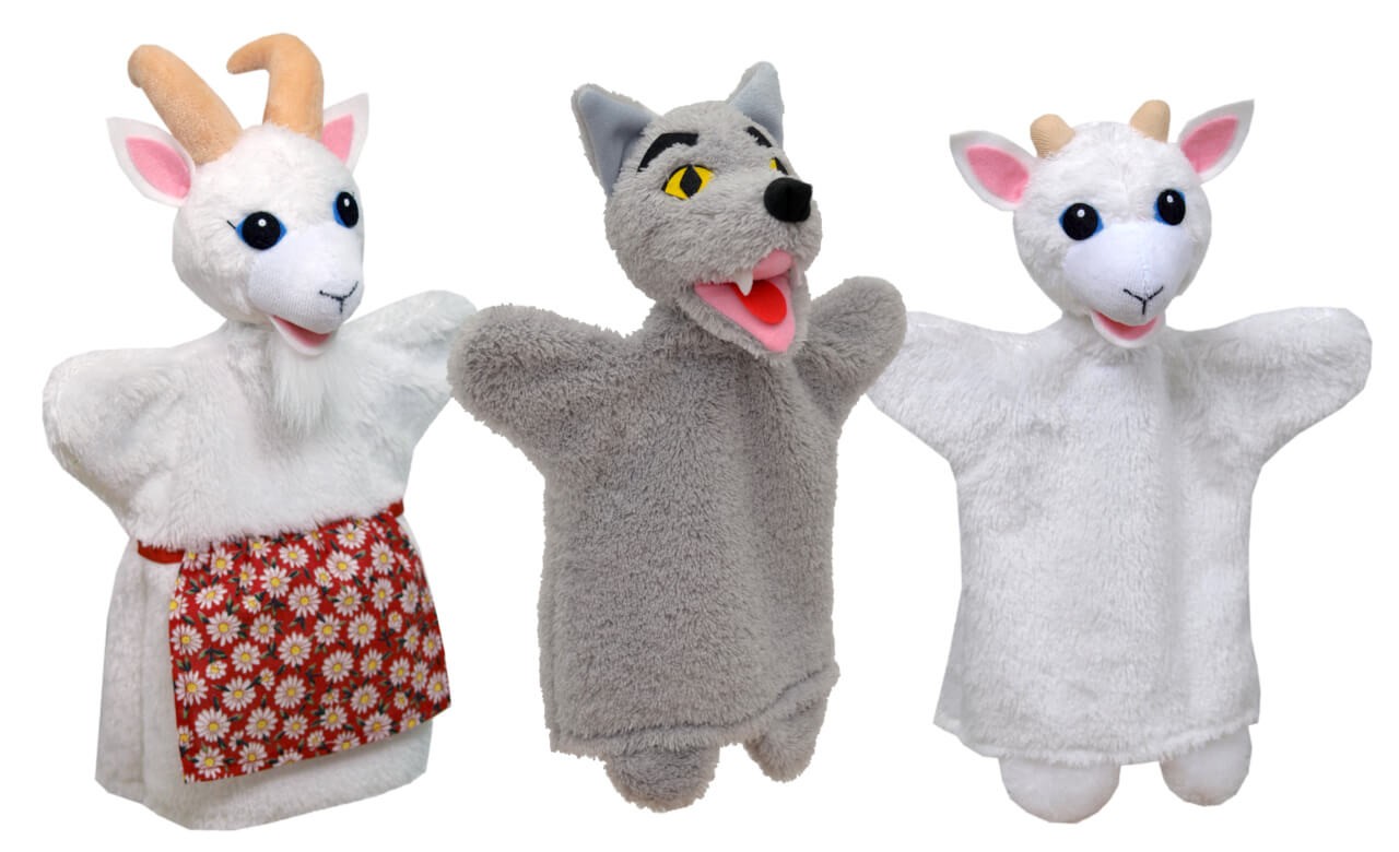 Set-Handpuppen Tiere, Wolf und Ziegen, in Geschenkbox - Handpuppen im 3er Set von munabo