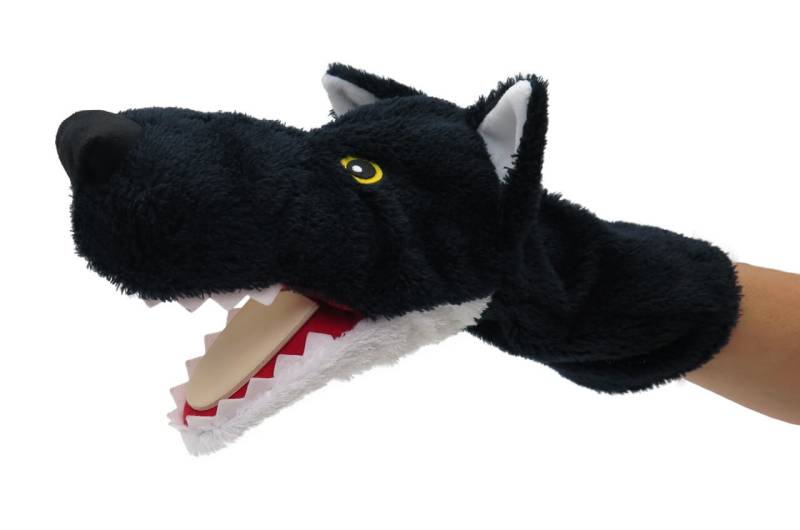 Plüsch-Handpuppe Wolf schwarz 31cm, mit Klapper von munabo