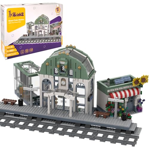 myBrickZ Set 0001 Großer Bahnhof Haltestelle für Zug Tram Straßenbahn mit Blumenladen, 1.120 Bausteine inkl. 4 Schienen, Haus, Klemmbausteine kompatibel mit Lego® Bricks City Stadt von my BrickZ