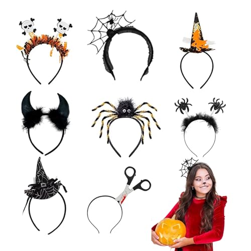 8 Halloween Stirnbänder für Frauen,Halloween Kostüm Stirnbänder Spinne,Fledermaus,Hexenhut,Teufelshörner,Spinnenbeine,Totenkopf,Zauberer Hut,Piercing Schere Halloween Kostüm Fancy Dress Zubehör von mzoLife