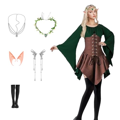 Mittelalter Gothic Kleidung Damen Renaissance Kostüme Kleid,Trompetenärmel Retro Kleidung Karneval Kostüm Cosplay Outfit mit Elfenohren Haarschmuck Overknee Socken für Halloween (Kaffeefarbe, XXL) von mzoLife