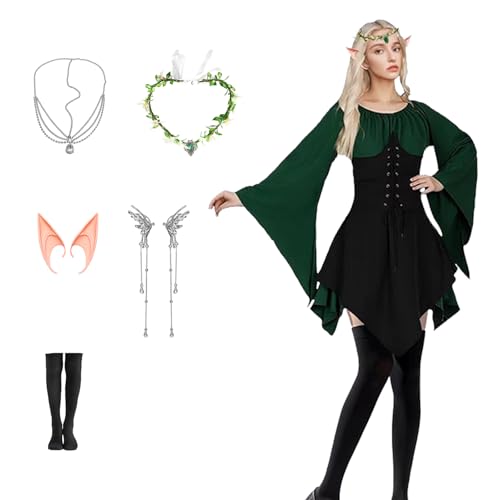 Mittelalter Gothic Kleidung Damen Renaissance Kostüme Kleid,Trompetenärmel Retro Kleidung Karneval Kostüm Cosplay Outfit mit Elfenohren Haarschmuck Overknee Socken für Halloween (Schwarz, XXL) von mzoLife