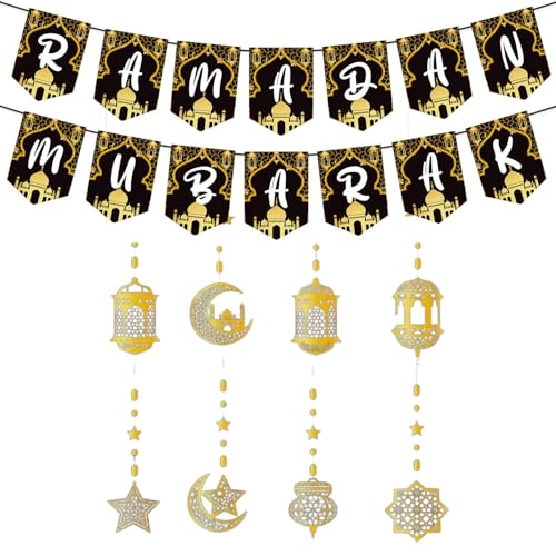 Ramadan Mubarak Girlande Eid Dekorationen, Gold Ramadan Mubarak Banner Laterne Streamer Ramadan hängende Dekorationen für Islam Festival Party Supplies, Ramadan Kareem Decor (Ramadan A) von mzoLife