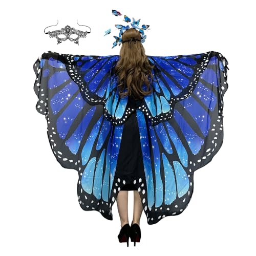 Schmetterling Kostüm Damen, Zweistufiges Faschingkostüme Flügel Schal mit Schmetterlings-Haarband und Augenbinde, Poncho für Party Weihnachten Kostüm Cosplay Karneval Fasching von mzoLife