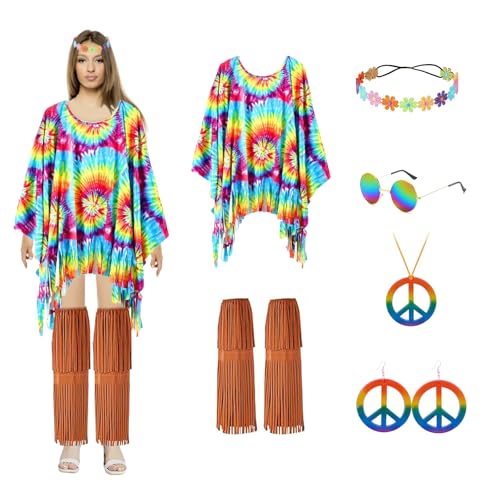 mzoLife 6 Stück Mardi Gras 60er 70er Hippie Kostüm Set, Karneval Kostüm Set Inklusive Damen Umhang Stiefelüberzüge Stirnband Ohrringe Halskette, Mode Disco Outfit Damen Fasching Kostüme (Blau) von mzoLife