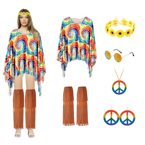 mzoLife 6 Stück Mardi Gras 60er 70er Hippie Kostüm Set, Karneval Kostüm Set Inklusive Damen Umhang Stiefelüberzüge Stirnband Ohrringe Halskette, Mode Disco Outfit Damen Fasching Kostüme (Gelb) von mzoLife