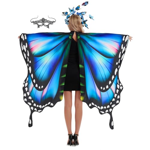 mzoLife Damen Schmetterling Kostüm Faschingkostüme Schmetterling Flügel Schal mit Augenbinde, Erwachsene Poncho Umhang für Party Halloween Weihnachten Kostüm Cosplay Karneval Fasching von mzoLife