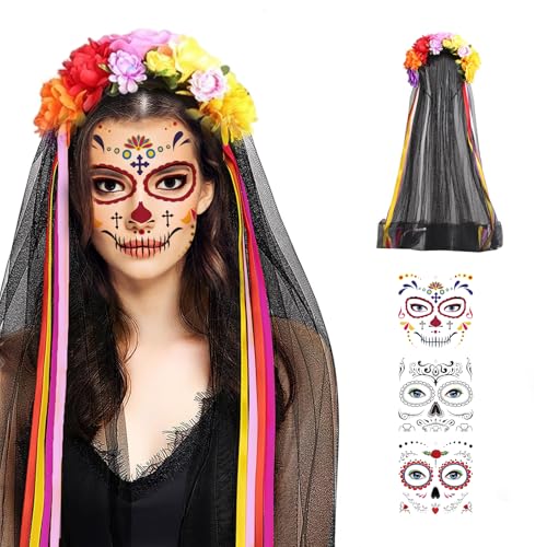 mzoLife Halloween Kostüm Damen Dia De Los Muertos Haarreif Schleier Gesicht Tattoos, Mexikanische Stirnband Rosen Totenkopf Kopfschmuck Frauen Damen Kostüm Accessoires (Gelb-rot) von mzoLife