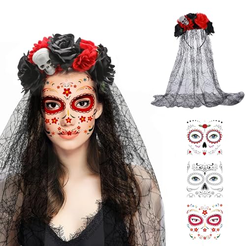 mzoLife Halloween Kostüm Damen Dia De Los Muertos Haarreif Schleier Gesicht Tattoos, Mexikanische Stirnband Rosen Totenkopf Kopfschmuck Frauen Damen Kostüm Accessoires (Schwarz-rot) von mzoLife