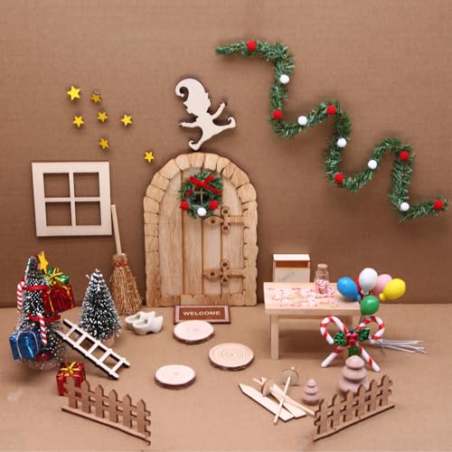 Weihnachten Puppenhaus Dekoration Miniatur Natur Holz Wichteltür Komplettset zubehör Garten Thema Weihnachtsbaum Weihnachtsgirlande Kleine Elfe Geist Weihnachten Party Dekoration Weihnachten von nabeta deco