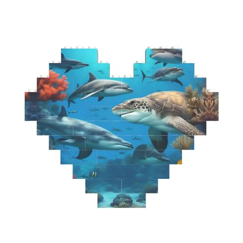 Delfine Sea Turtle Shark Octopus Coral Reef Print Heart Shaped Building Brick Block Puzzle, Personalisiertes individuelles Geschenk für Männer und Frauen von nanger