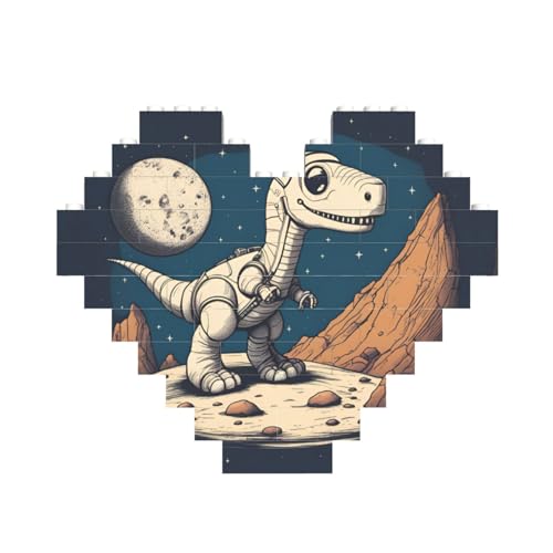 Lustiges Astronauten-Dinosaurier-Rocke-Druck, herzförmiges Baustein-Puzzle, personalisiertes individuelles Geschenk für Männer und Frauen von nanger