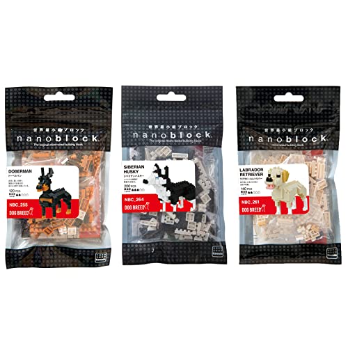 nanoblock Bausatz - Doberman, Labrador Retriever, Siberian Husky (3-teilig, 60+ Jahre, unisex, Kleinformatig, detailliert, pädagogisch) von nanoblock