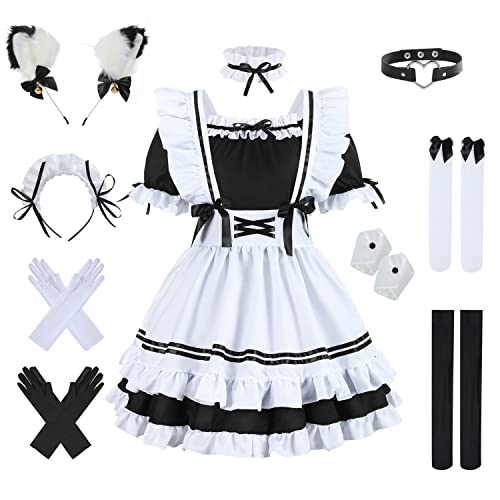 nbe - Niedliches Anime Französisch Dienstmädchenkleid mit 12-TLG. Kuchengarnitur, Herz-Choker-Kostüm zum Cosplay, Katzenohr-Handschuhe-Socken-Set (2X-Large,Black) von nbe