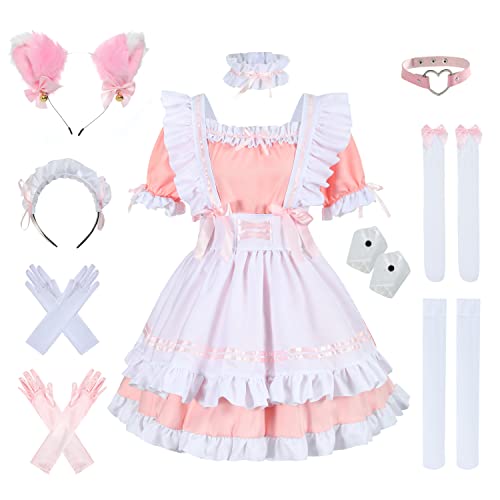 nbe - Niedliches Anime Französisch Dienstmädchenkleid mit 12-TLG. Kuchengarnitur, Herz-Choker-Kostüm zum Cosplay, Katzenohr-Handschuhe-Socken-Set (Large,Pink) von nbe