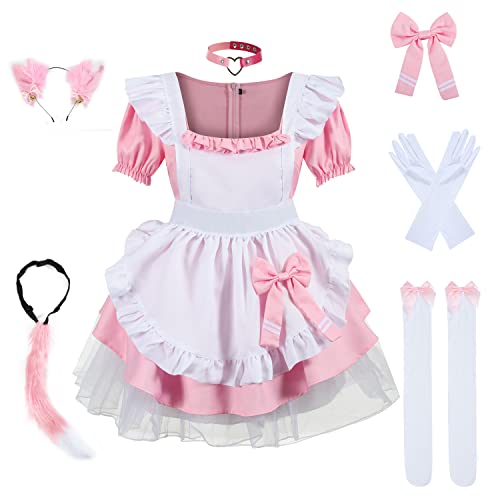 nbe Stilvolles Lolita-Kleid mit französischem Dienstmädchen-Cosplay und niedlichen Fuchs-Ohren-Schleifen 8-teiliges Set für Halloween-Costümvorführungen (3X-Large,Pink) von nbe