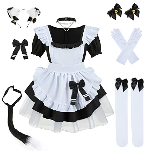 nbe Stilvolles Lolita-Kleid mit französischem Dienstmädchen-Cosplay und niedlichen Fuchs-Ohren-Schleifen 8-teiliges Set für Halloween-Costümvorführungen (4X-Large,Black) von nbe