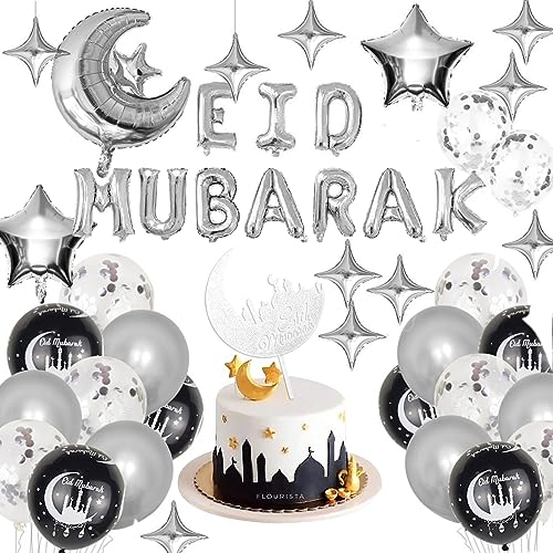 Eid Mubarak - Decoration Aid Mubarak - Kit Luftballons + Banner + Kuchendekoration - Ramadan 2024 (Silber) von nedit