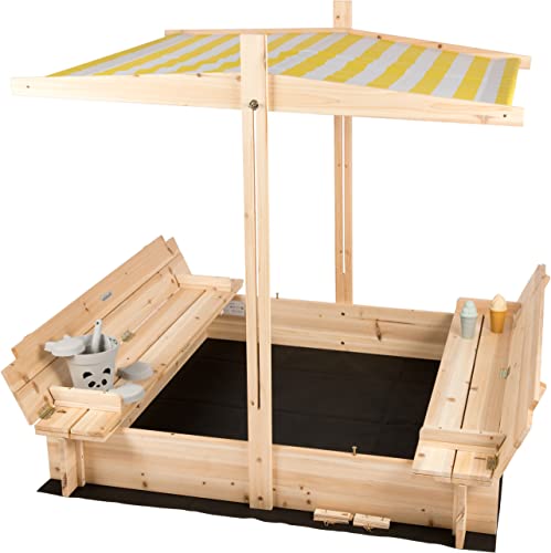 für Dich NEU: needs&wants® Sandkasten aus Holz mit Dach, Abdeckung, Sitzbänke u. Boden könnte bei Dir im Garten Stehen. von needs&wants