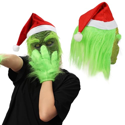 nezababy Erwachsene Santa Maske Grün Monster Maske Nikolausmütze Halloween Cosplay Weihnachtskostüm Gruselige Kopfmaske Requisiten Zubehör Partygeschenke (Weihnachtsmaske mit Nikolausmütze) von nezababy