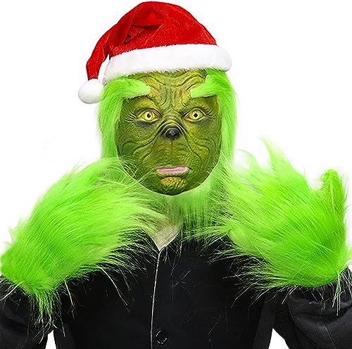 nezababy Erwachsene Santa Maske Grün Monster Maske Nikolausmütze Halloween Cosplay Weihnachtskostüm Gruselige Kopfmaske Requisiten Zubehör Partygeschenke (Weihnachtsmaske mit Nikolausmütze + von nezababy