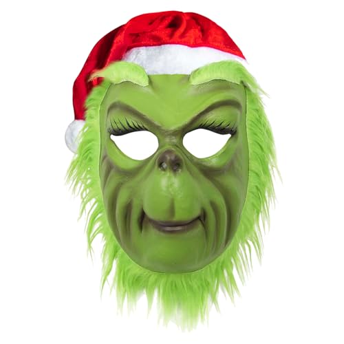 nezababy Erwachsene Santa Maske Grün Monster Maske Nikolausmütze Halloween Cosplay Weihnachtskostüm Gruselige Kopfmaske Requisiten Zubehör Partygeschenke von nezababy