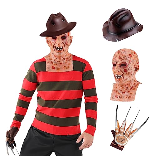 nezababy Freddy Pullover mit Gruseliger Maske Handschuhen Hut Killer Cosplay Albtraum Halloween KostüMe ZubehöR von nezababy