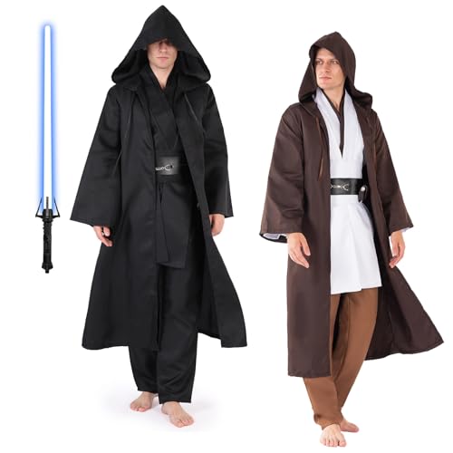 nezababy Jedi Kostüm für Erwachsene Männer Jedi Kapuzenrobe Tunika Outfit Cosplay Umhang Robe Halloween Cosplay Vollständiger Satz Uniform (Schwarz, Groß) von nezababy