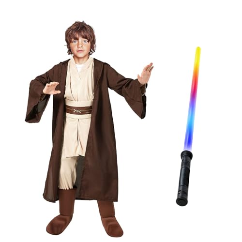 nezababy Jedi Kostüm with 7 Farben Laserschwert Luke Skywalker Kostüm Rollenspiel Meister Umhang Tunika Umhang mit Kapuze Outfits Halloween Cosplay Kostüm für Jungen (Jedi Kostüm+Laserschwert, XL) von nezababy