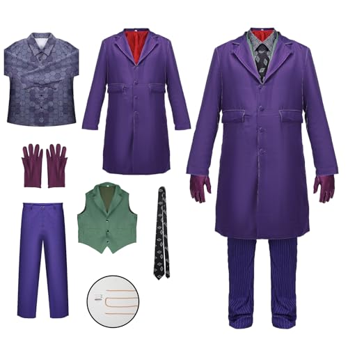 nezababy Joker Kostüm Clown Cosplay Ritter Outfit Lila Mantel Hemd Weste kompletter Anzug Halloween Deluxe Set Zubehör (Joker Kostüm, Groß) von nezababy