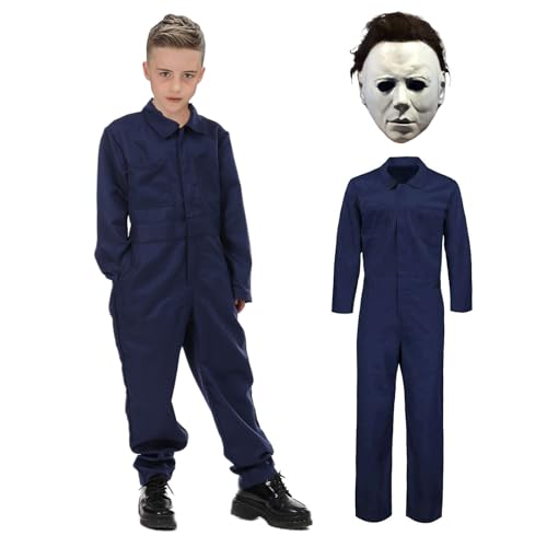 nezababy Michael Myers Kostüm für Kinder Killer Overall Gruselmaske 2 Teiliges Halloween Horror Requisiten Outfit Mörderanzüge (Michael Myers Kostüm+Michael Myers Maske, Groß) von nezababy