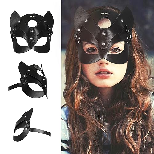 nezababy Katze Maske Damen Katzenmaske Leder Katzenohr Maske Cosplay Kostüm Karneval Valentinstag Maskerade Party Nachtclub Maskerade Masquerade Halloween von nezababy